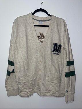 MoMA Cream Cardigan with Dark Green Sleeve Stripes